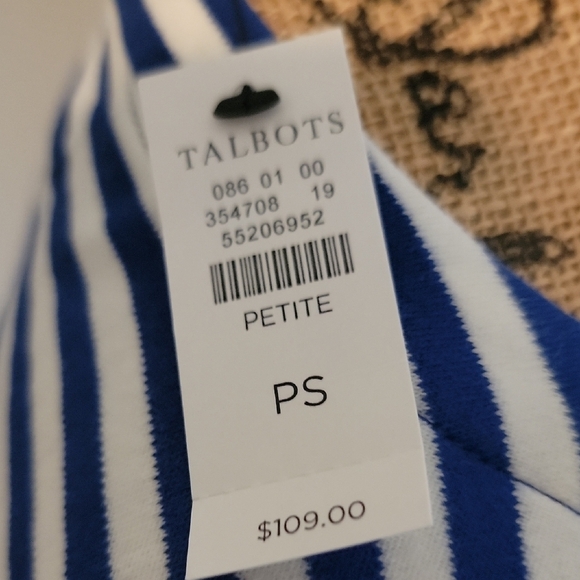 Talbots White and Blue Sheath Dress with 3/4 Sleeves and Crew Neck - Picture 2 of 5